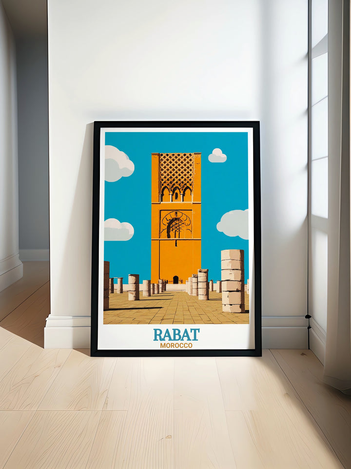 Rabat Poster featuring the iconic Hassan Tower in Morocco showcasing its architectural beauty perfect for adding a touch of elegance to any home or office decor an ideal personalized gift for travel enthusiasts and art lovers alike