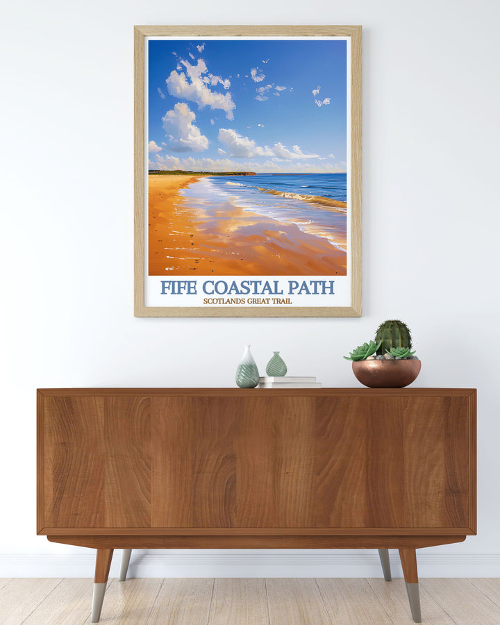 Featuring the Fife Coastal Path and Crail Harbour, this travel poster captures the majestic beauty and natural splendor of Scotland, ideal for nature and art enthusiasts.