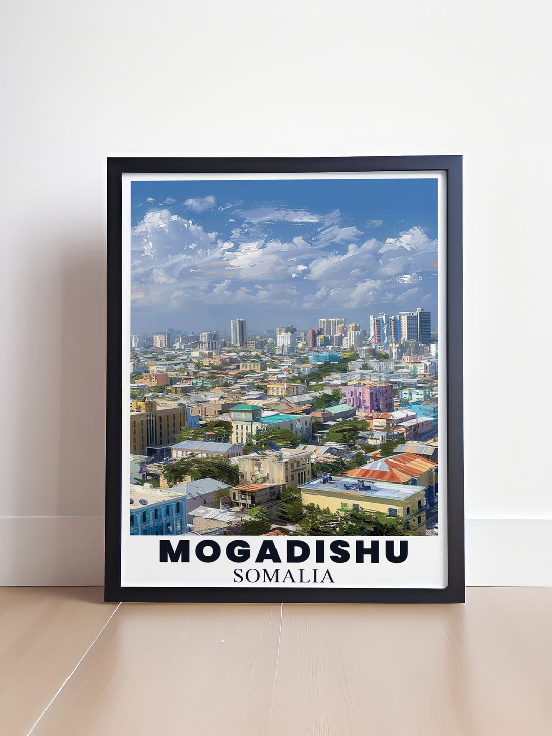 Discover the beauty of Somalias coastal capital with this Mogadishu City Art Print. Featuring intricate details of the citys iconic landmarks, this poster brings the vibrancy of Mogadishu to your home or office, making it a must have for travel lovers and art collectors.