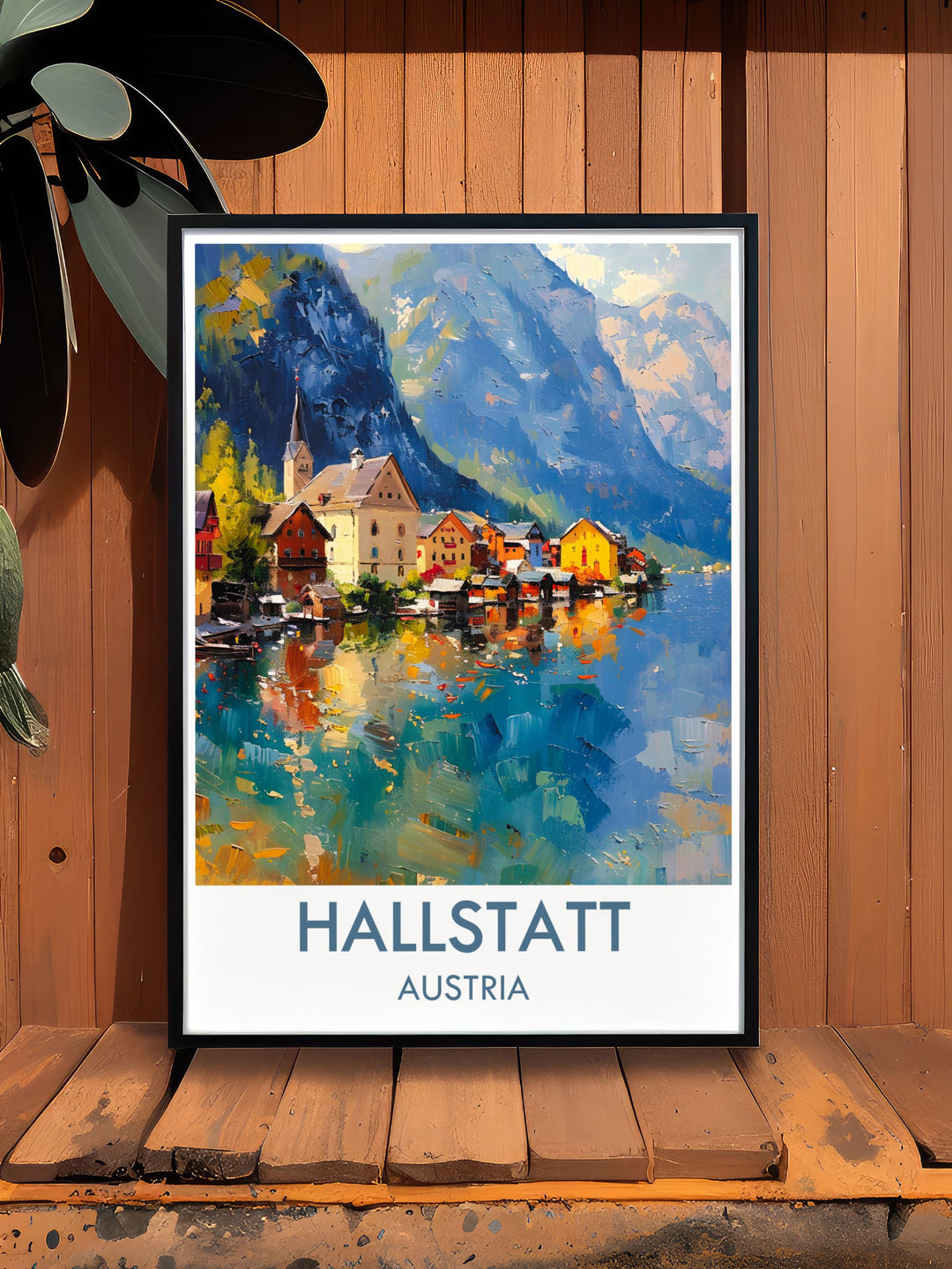 Featuring the charming Hallstatt Village, this art print highlights the serene streets, iconic church, and stunning lake views, perfect for home decor.
