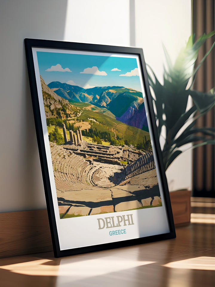 Delphi Greece wall art showcasing the breathtaking ruins of the Theatre of Delphi, a place where the arts and history intertwine. This travel print is a beautiful representation of Greeces rich cultural heritage, perfect for inspiring a love for history and mythology.