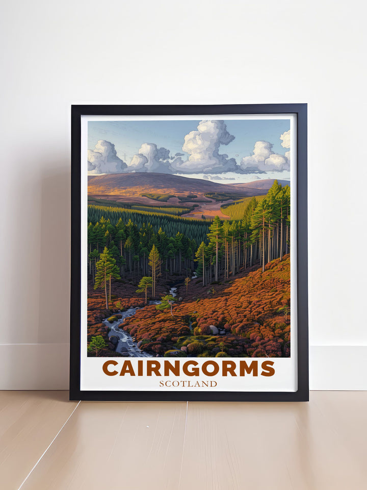 Rothiemurchus Forest travel poster featuring captivating wilderness artwork that showcases the untamed landscapes of the Scottish Highlands bringing a touch of elegance and tranquility to your living space