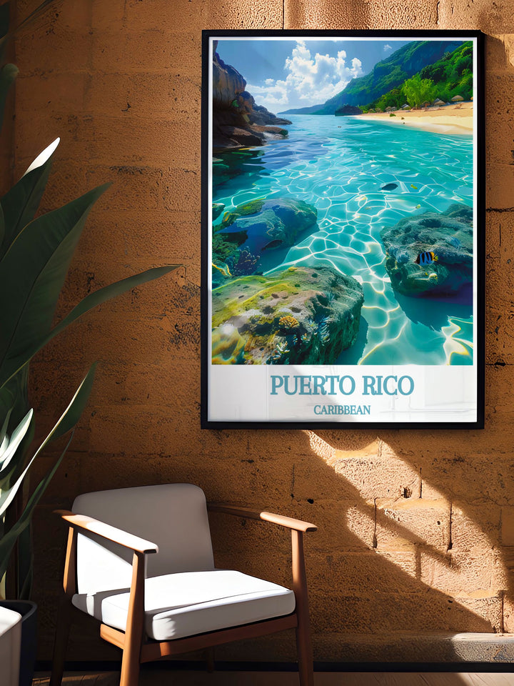Captivating CARIBBEAN, Culebra and Vieques Biosphere Reserve travel poster featuring intricate details and vibrant colors. A beautiful Arecibo painting that makes an excellent gift for anniversaries, birthdays, or holidays.