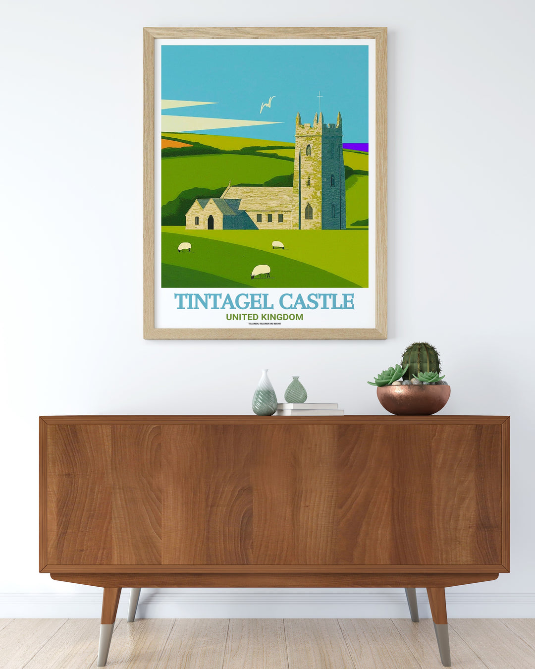 Tintagel Castle Canvas Art featuring the majestic ruins and St. Materianas Church. This travel print captures the essence of Cornwalls legendary past and its natural beauty, making it a great addition to any art collection or home decor.