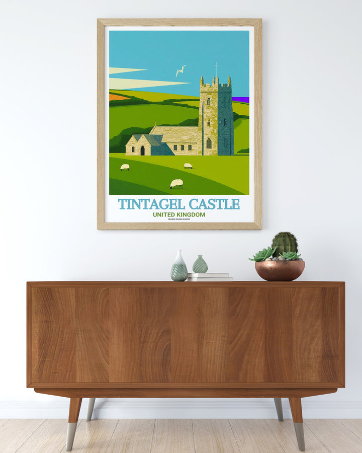 Tintagel Castle Canvas Art featuring the majestic ruins and St. Materianas Church. This travel print captures the essence of Cornwalls legendary past and its natural beauty, making it a great addition to any art collection or home decor.