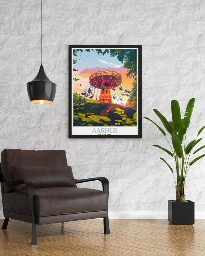 Unique Tivoli Friheden gifts featuring stunning prints of Aarhus Denmark. These artworks capture the vibrant energy of the amusement park and are perfect for Denmark travel print collections and home decor enthusiasts.