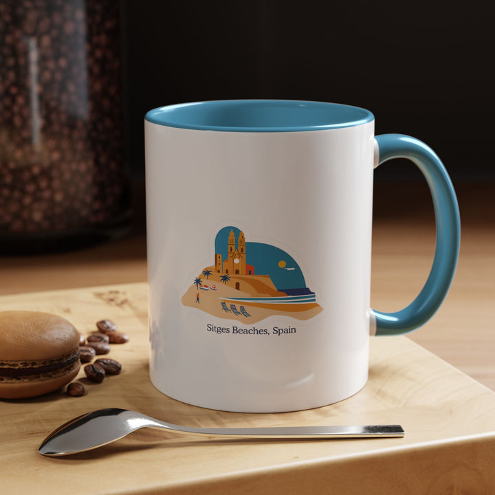 A beautifully designed Sitges Beach Spain Mug showcasing vibrant artwork inspired by the coastal charm of Sitges. Made from durable ceramic, this dishwasher-safe mug is perfect for coffee lovers and as a thoughtful souvenir or gift.