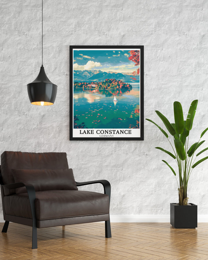 Lake Constance retro travel posters featuring picturesque views of Mainau Island and Flower Island. These art deco travel posters bring a vintage charm to your home decor, perfect for Europe lake travel lovers. Capture the timeless beauty of Lake Constance with our retro travel posters that showcase the regions stunning landscapes.