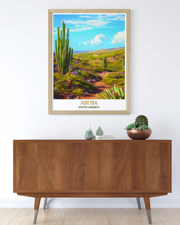 Aruba art print highlighting the stunning landscapes and diverse wildlife of Arikok National Park an ideal piece for nature lovers and adventurers looking to bring a touch of the Caribbean into their homes with high quality fine line artwork