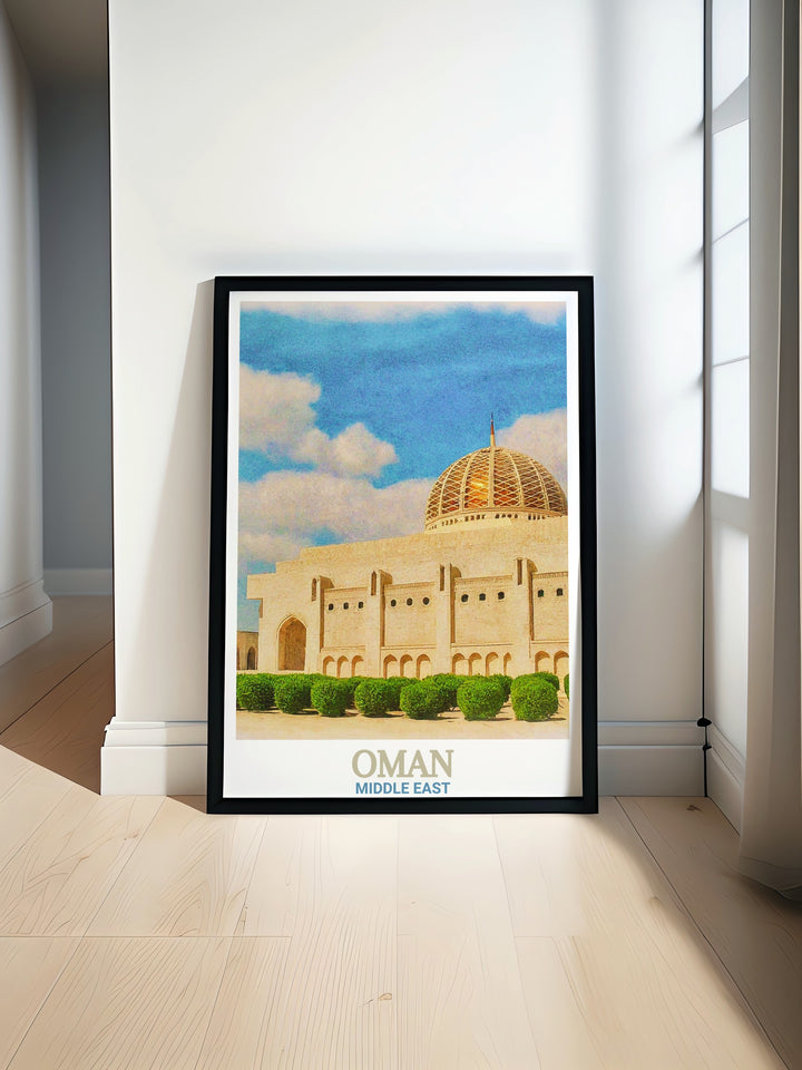 This Oman travel art print features the Sultan Qaboos Grand Mosque, highlighting its intricate architecture and cultural significance. The perfect addition to any space, it serves as a stunning piece of wall decor inspired by Middle Eastern beauty.