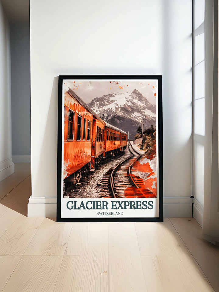 Glacier Express train Matterhorn travel poster showcases the beauty of the Swiss Alps featuring the iconic train journey through the Landwasser Viaduct and the majestic Matterhorn perfect for home decor