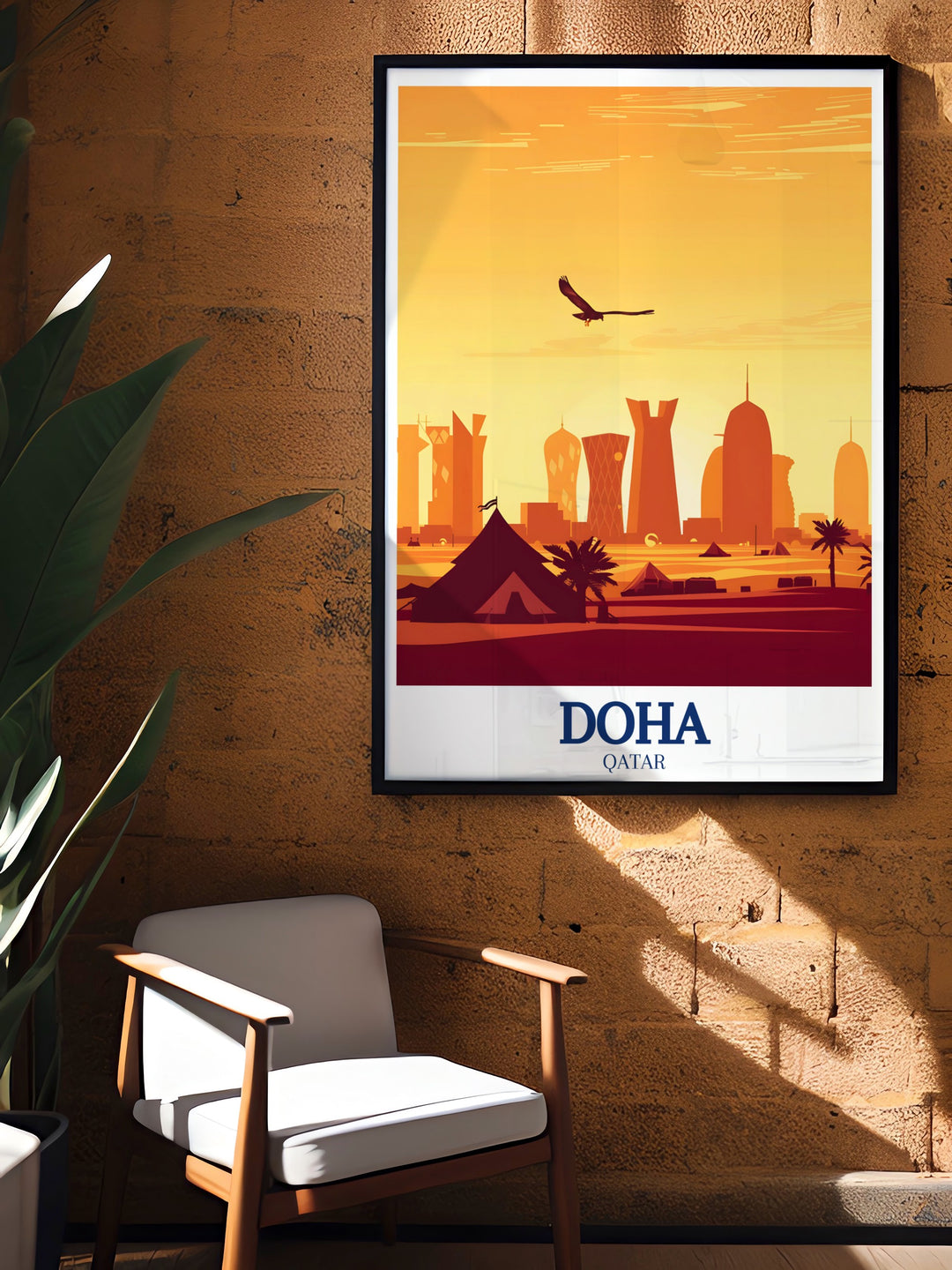 This canvas art of a Bedouin camp in the Qatari desert reflects the enduring traditions of desert life, surrounded by golden sands and endless horizons, perfect for those seeking a connection to nature and history.