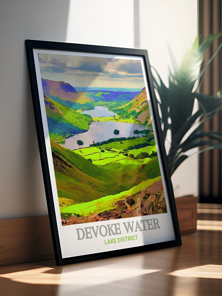 This travel print showcases the peaceful reflection of Devoke Water, capturing the serene atmosphere of one of Cumbrias most picturesque locations. Add a calming touch to any room with this beautifully detailed art.