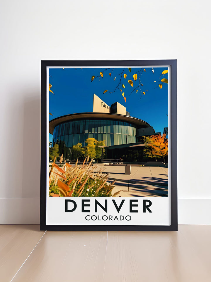 The Denver Art Museum is beautifully illustrated in this travel poster, capturing the architectural splendor and cultural significance of this central Denver landmark, ideal for any decor.