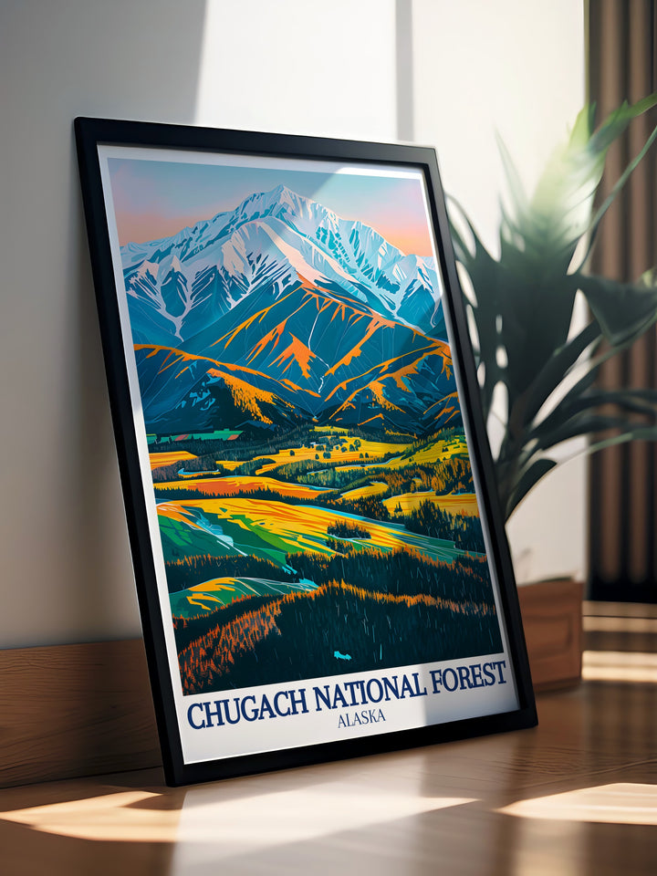 This Chugach National Forest poster print beautifully captures the expansive wilderness of Alaska. Featuring the Chugach Mountains and Copper River Delta, this artwork is a perfect addition to any room, showcasing Alaskas rugged landscape and serene river vistas in vivid detail.