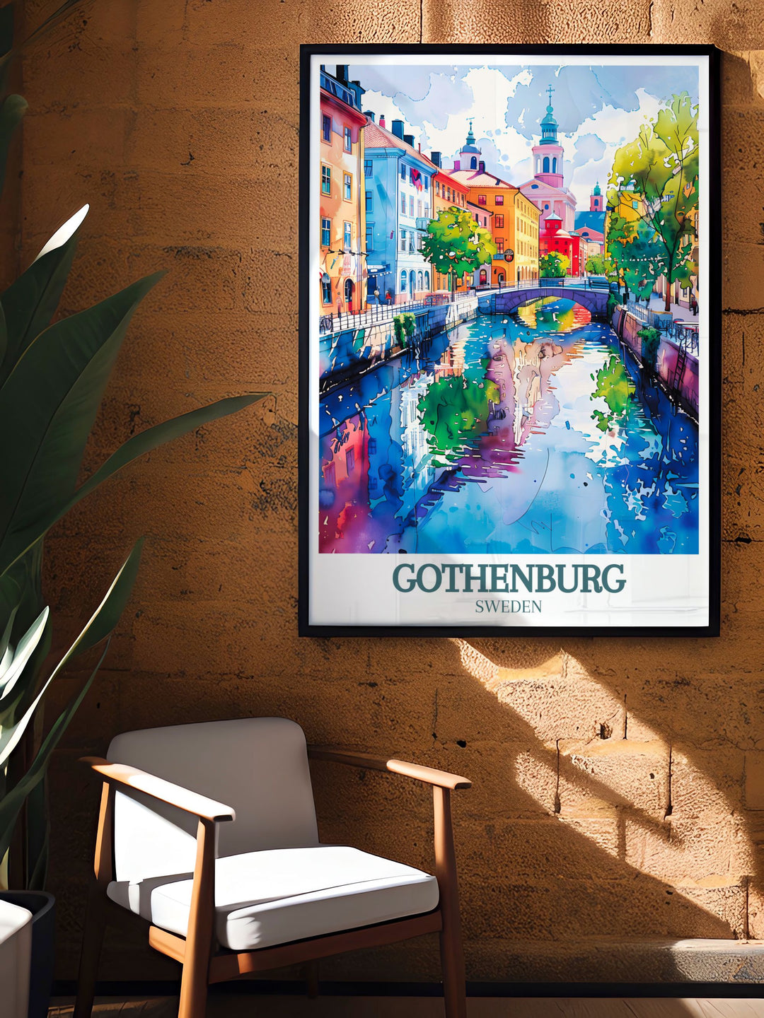 Featuring the serene canals of Gothenburg, this travel poster highlights the citys tranquil waterways and picturesque surroundings. Ideal for those who appreciate peaceful urban landscapes, this artwork brings the calming beauty of Gothenburgs canals into your living space.