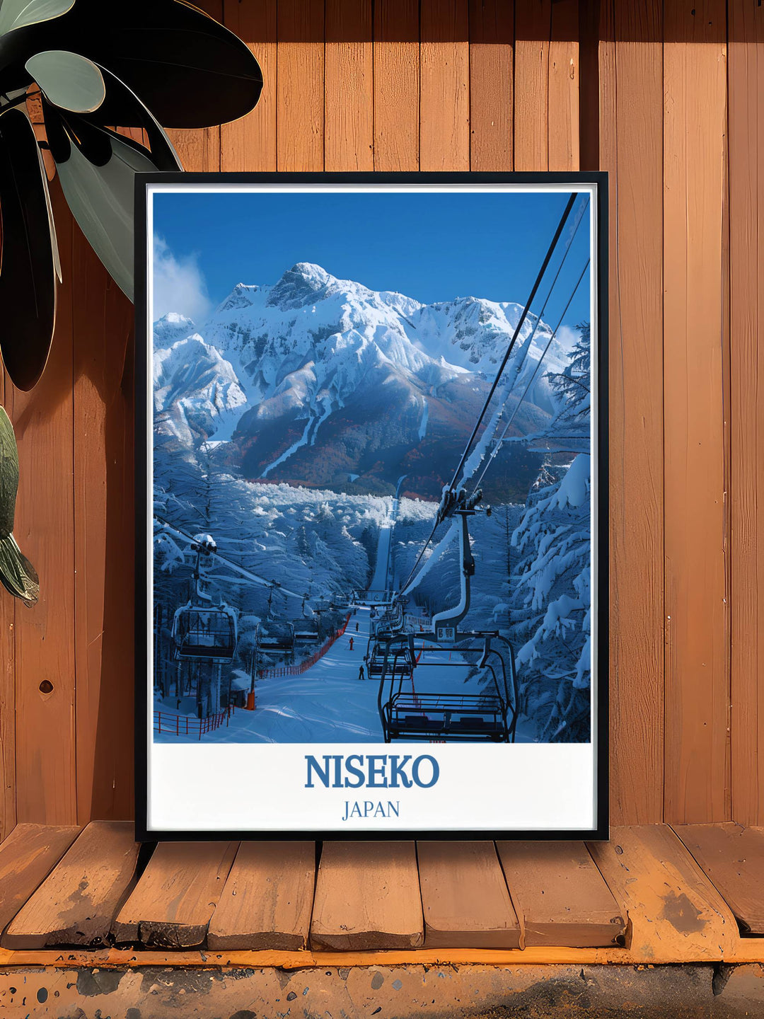 Niseko Travel Poster with Niseko Annupuri International Ski Area and snowboarding action highlighting the beauty of Japanese landscapes with classic vintage travel art style perfect for any space