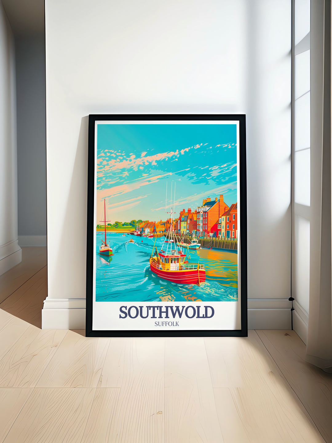 A beautiful Southwold Poster featuring the iconic Southwold Beach Huts and the majestic Southwold Lighthouse. Perfect for North Sea Southwold Harbor lovers and ideal for adding a touch of seaside charm to your home decor. Great as a gift or for your own space.