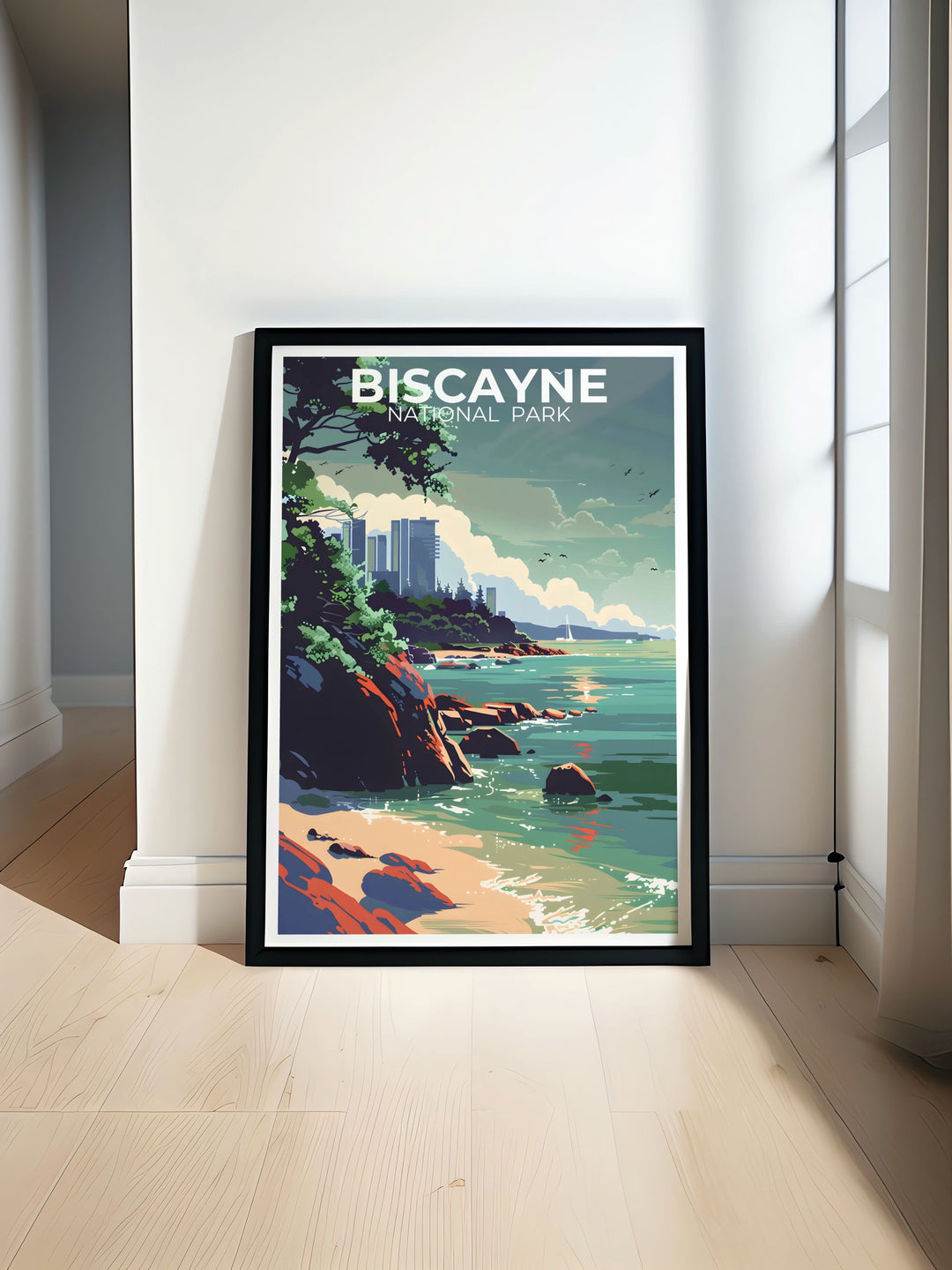 Stunning Biscayne National Park print highlighting the lush landscapes of Biscayne Bay Trail and the colorful coral reefs, ideal for nature enthusiasts and travel art lovers.