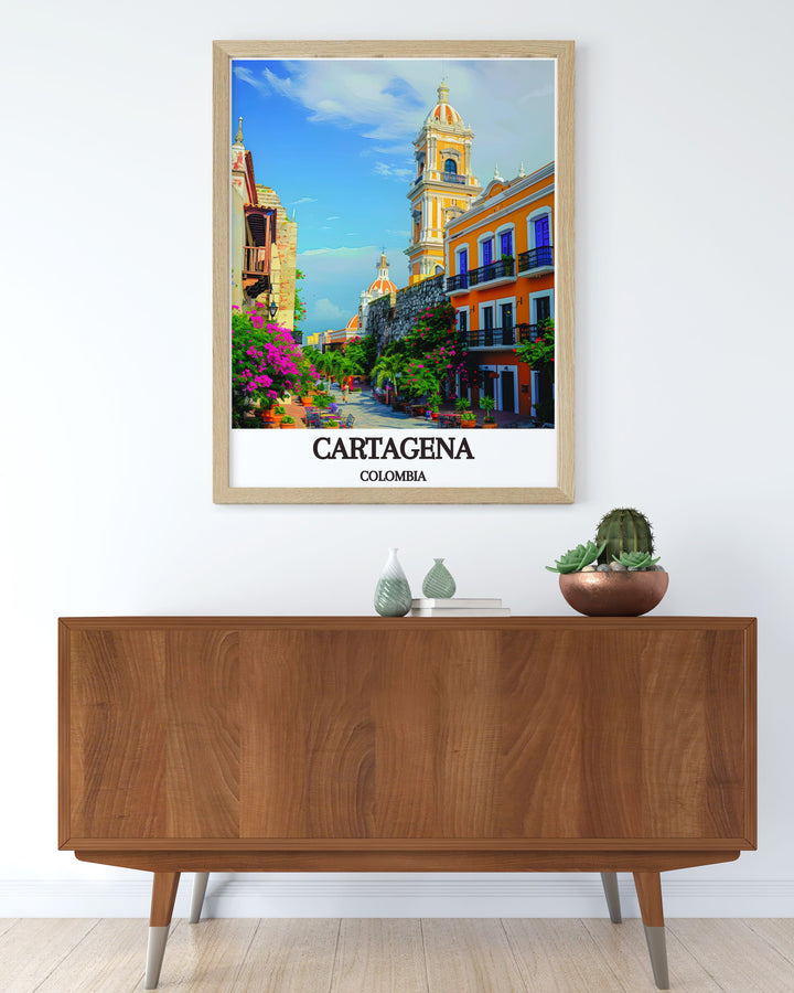 Showcasing the dynamic Calles de la Ciudad Amurallada, this travel poster highlights their vibrant atmosphere and artistic flair. Ideal for adding a touch of Colombias cultural vibrancy to your home decor and celebrating the neighborhoods unique character.