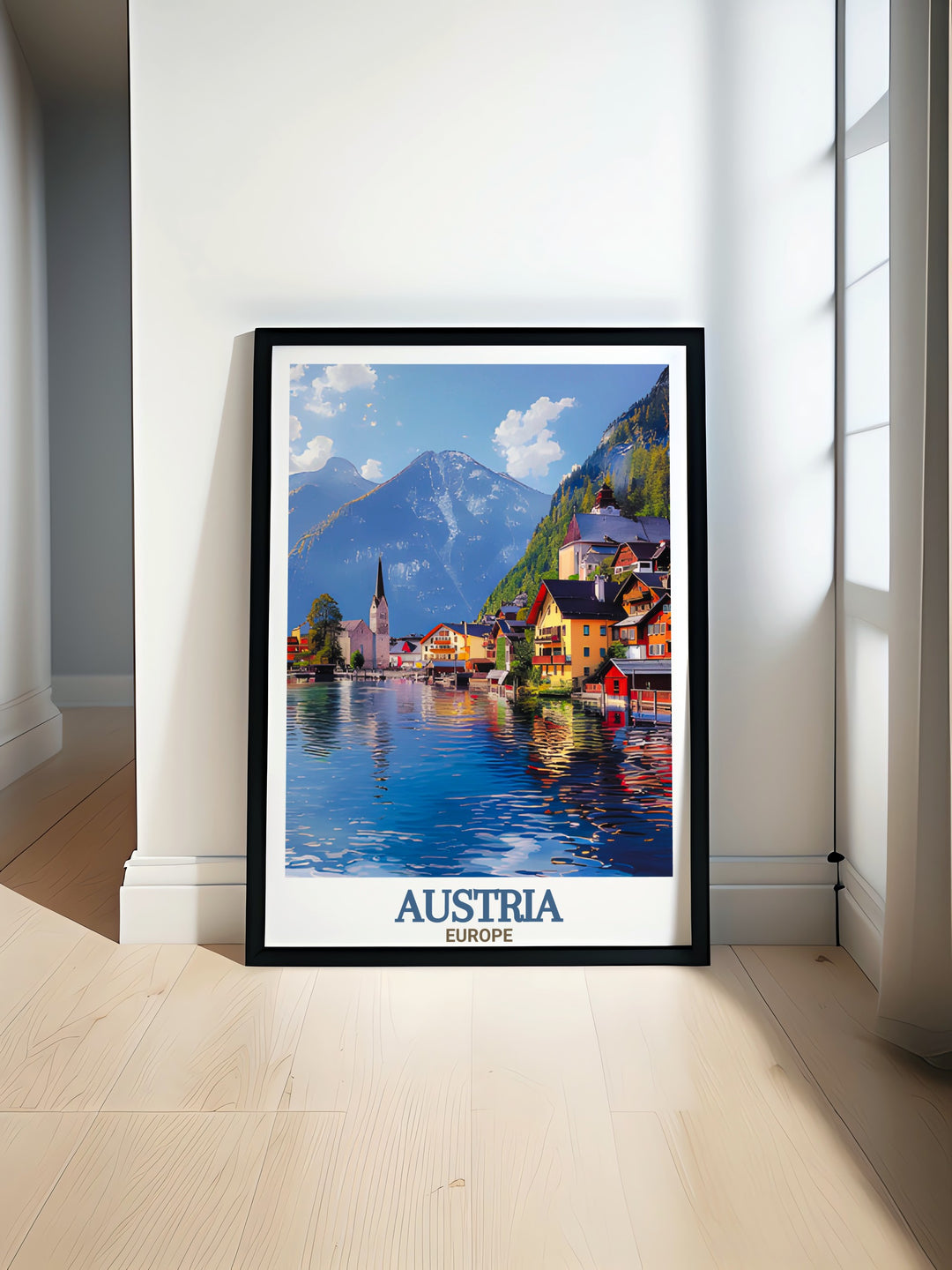 Austria Travel Poster featuring Hallstatt brings a vibrant and colorful art print to your living space. This Austria wall art showcases the beauty of Hallstatt with fine line city print details perfect for modern decor and elegant home wall art.