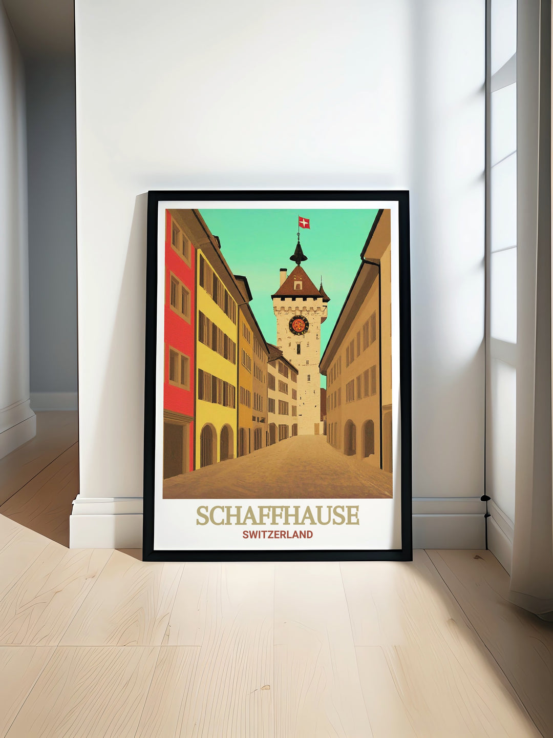 Schaffhausen travel art with Old Town. This poster captures the towns scenic surroundings and architectural details. Perfect for travel enthusiasts and history buffs. Adds a unique and sophisticated touch to home or office decor.