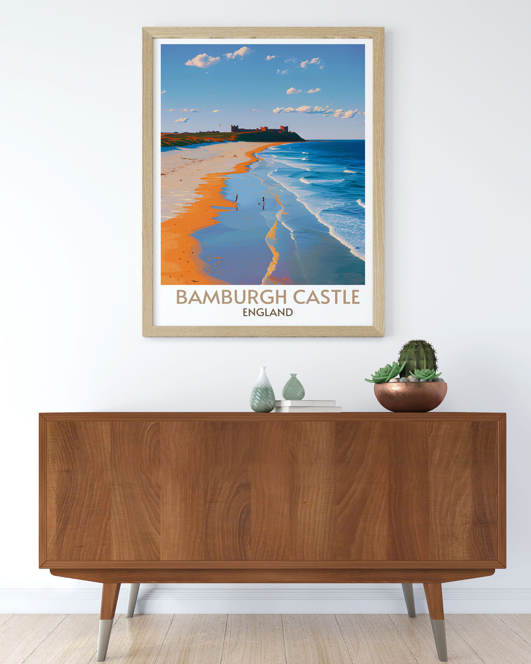 Detailed Bamburgh Beach poster capturing the scenic peace of the area, ideal for adding a touch of tranquility to any decor.