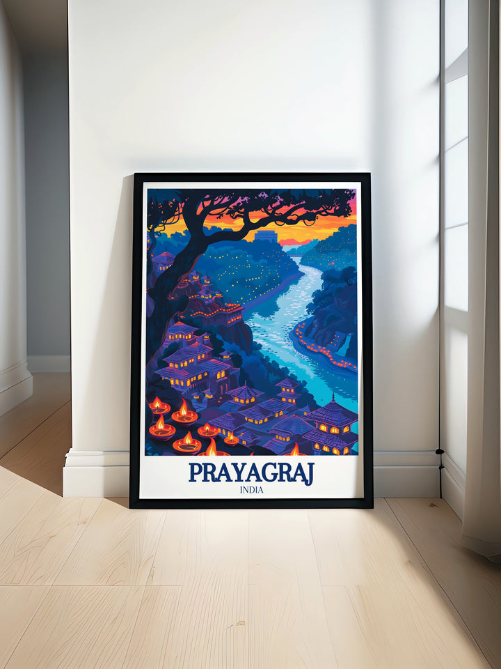 Travel print of Prayagraj, illustrating the citys layout with an emphasis on the Allahabad Fort and the Yamuna River during Diwali. This artwork is a beautiful way to bring the festive and historical essence of Prayagraj into your home.