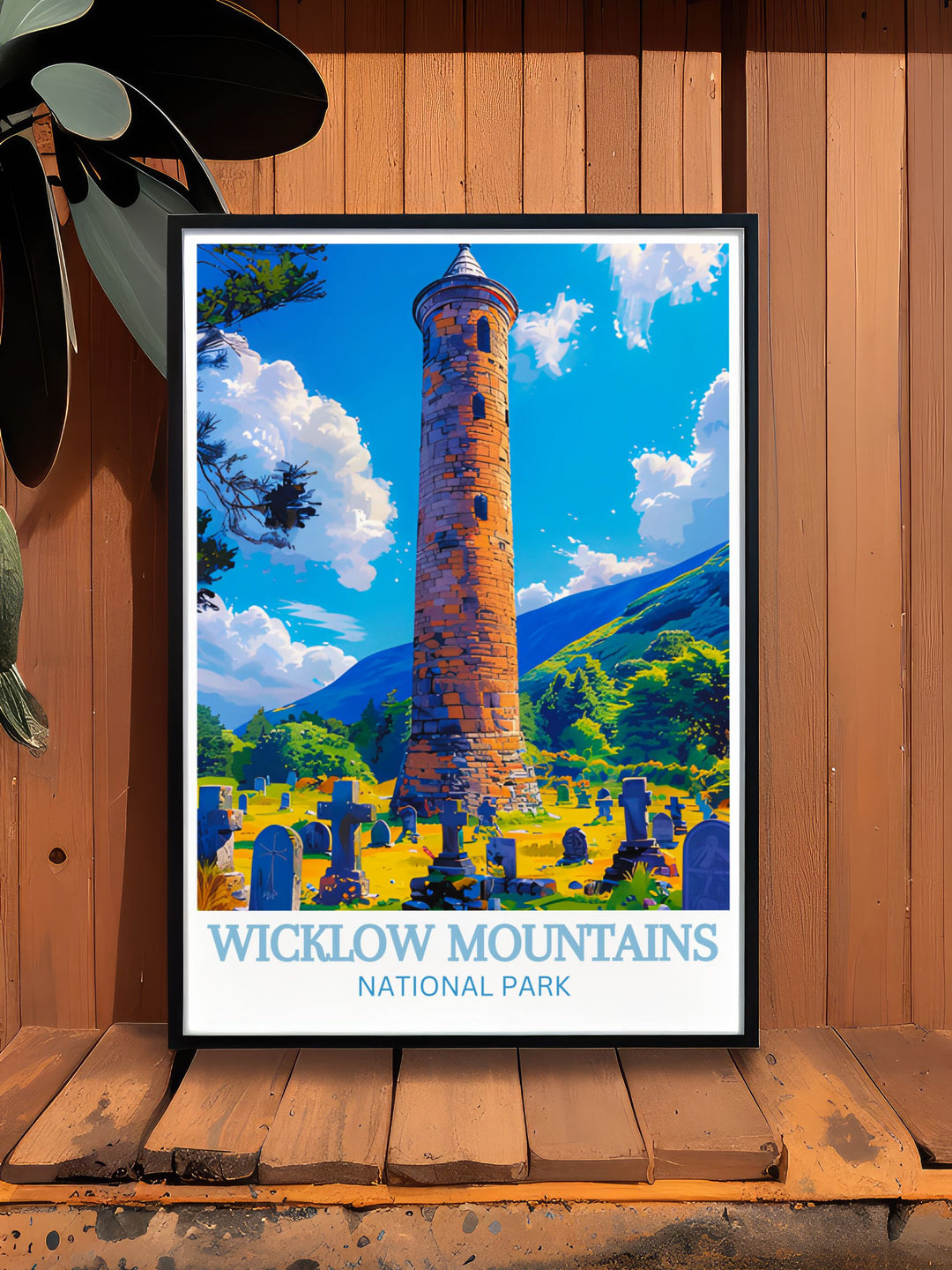 Celebrate the charm of Wicklow Mountains with this vintage poster. Featuring the parks diverse landscapes and historic sites, this artwork evokes the timeless appeal of Irelands natural beauty and cultural heritage.