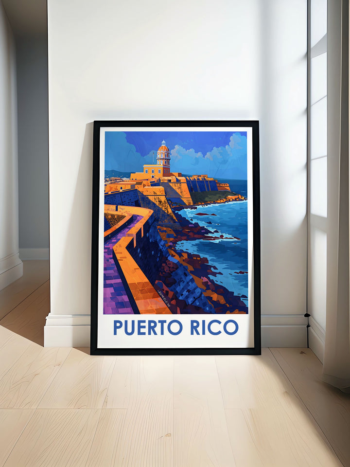 Puerto Rico Poster showcasing Arecibo Cityscape and the iconic El Morro. This travel poster print features a vibrant color palette and intricate details, perfect for home decor and personalized gifts. A unique addition to any art collection highlighting Arecibo and El Morro.