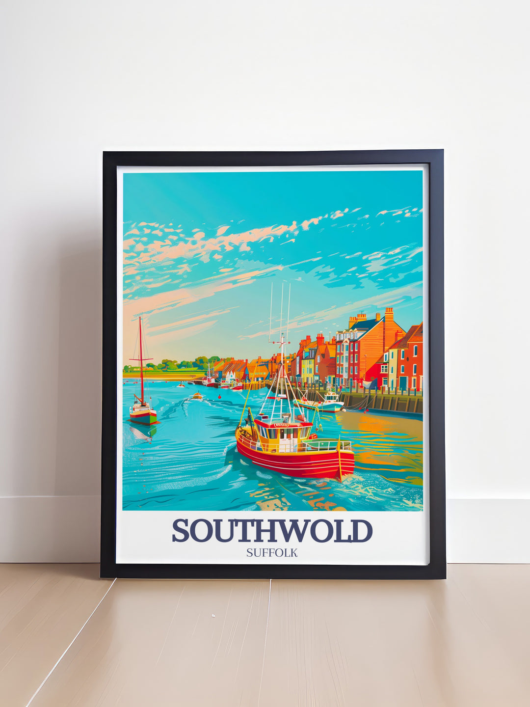 Vintage Travel Print featuring the scenic Southwold Pier and North Sea Southwold Harbor. This artwork is perfect for those who appreciate coastal beauty and want to bring a piece of Southwold into their home. Ideal for modern and vintage decor.