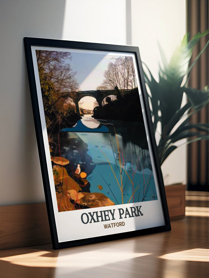 River Colne Wall Art highlights the natural beauty of Watfords Oxhey Park featuring the flowing waters of the River Colne and the scenic landscape making it a perfect addition to your homes modern decor collection.