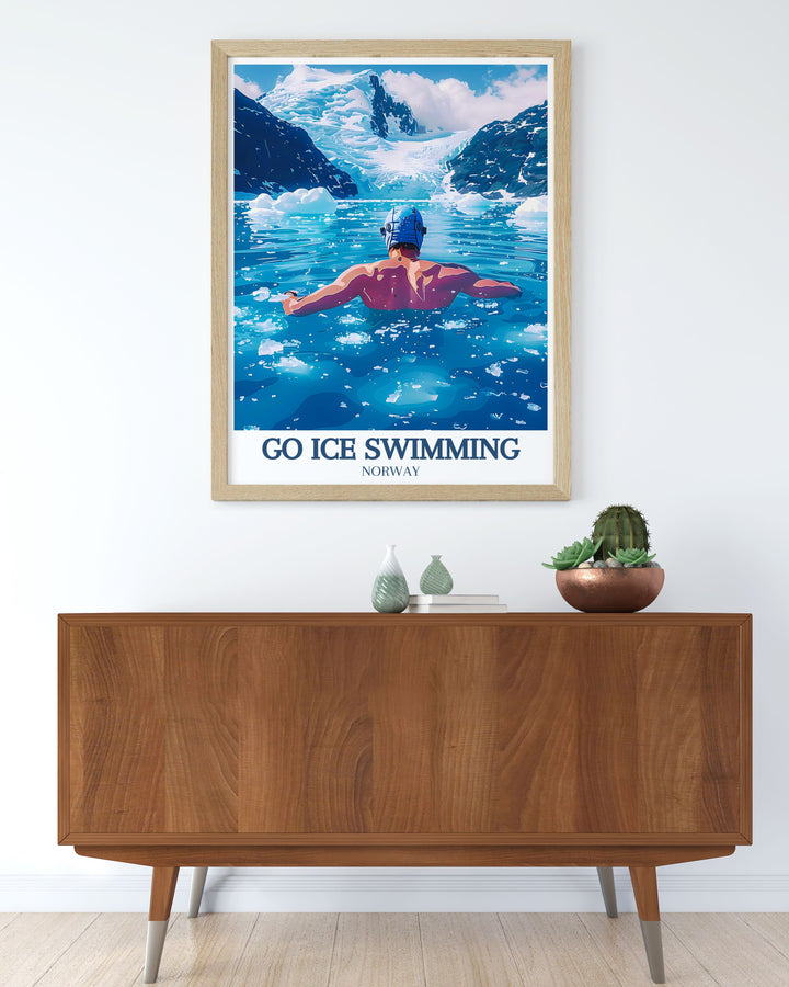 Travel poster depicting the crystal clear waters of the Lofoten Islands, inviting you to experience the tranquility and natural beauty of Norways northern archipelago, ideal for any room in your home.
