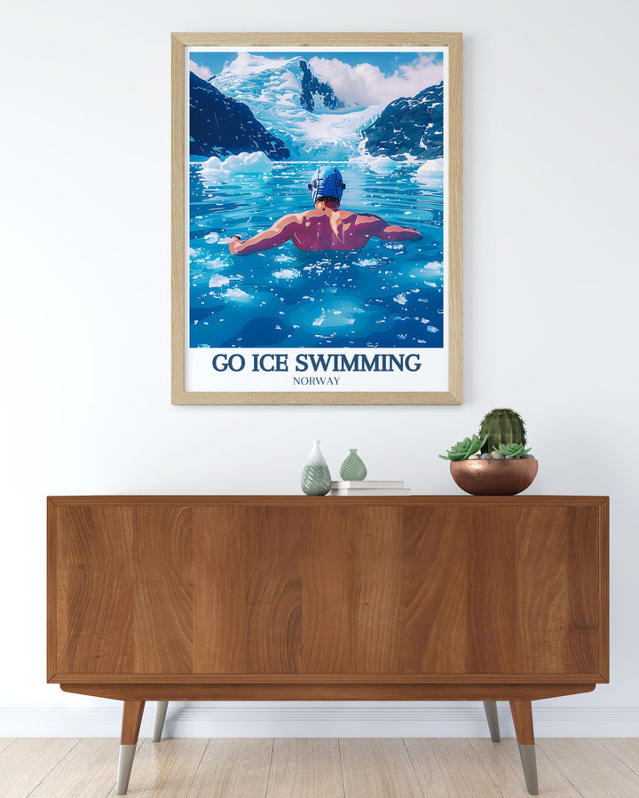 Experience the wild beauty of the Lofoten Islands with this Cold Water Swimming Poster. This print is perfect for outdoor adventurers and those who enjoy the thrill of ice swimming in stunning natural settings.