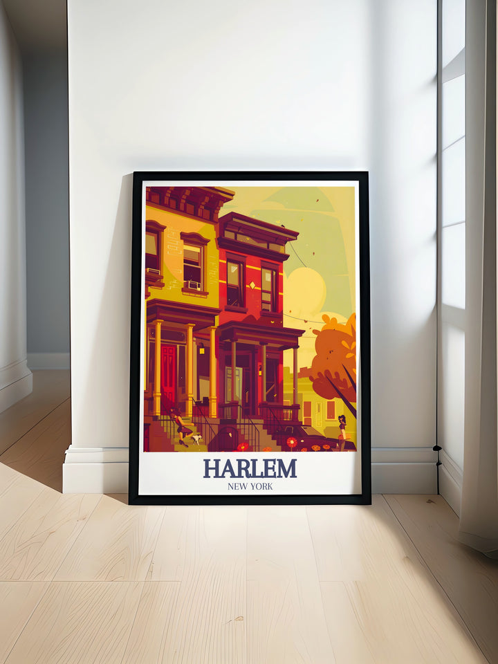 Bring the character of Harlem into your space with this travel print featuring the neighborhoods famous brownstones and the lively streets of East Harlem. This artwork adds a touch of New York Citys charm to any room.