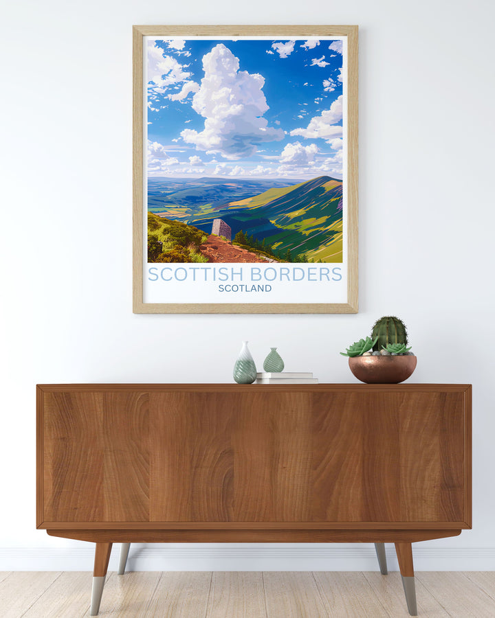 Add a touch of Scottish elegance to your home with this Eildon Hills print featuring the picturesque scenery of the Scottish Borders Perfect for nature prints lovers and those who appreciate Scottish history this artwork enhances any room with its serene beauty