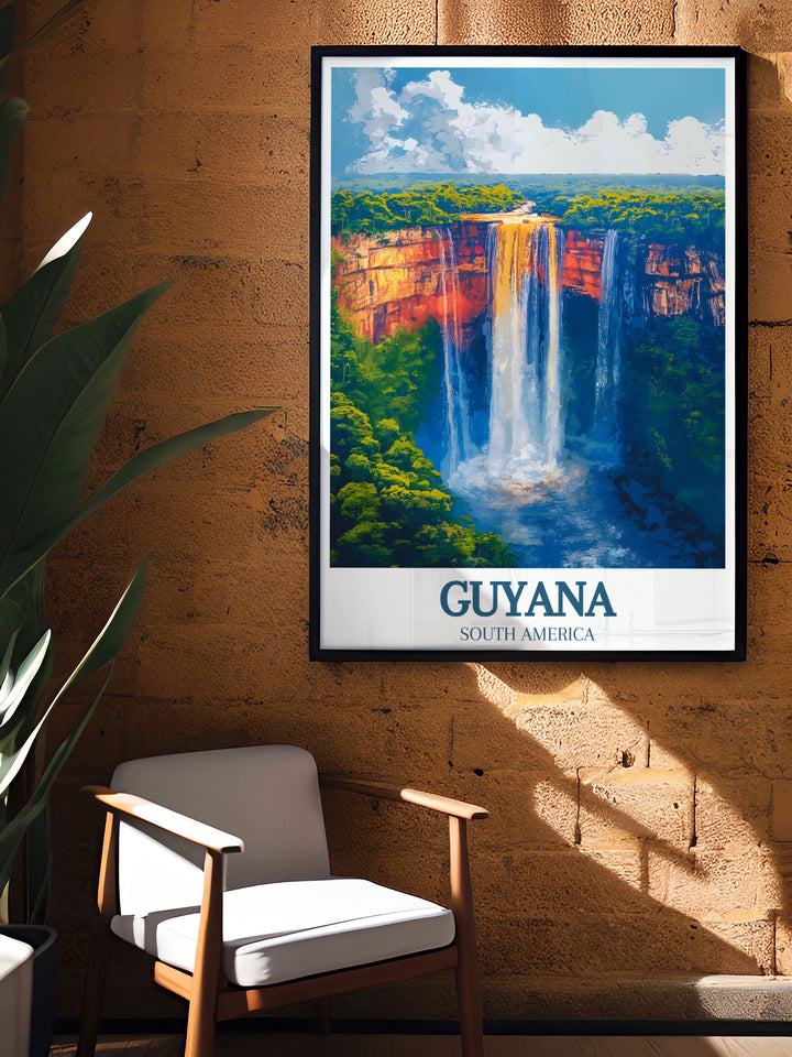 The perfect piece for any traveler, this Caribbean Travel Poster captures the stunning Kaieteur Falls of Guyana, surrounded by the untouched wilderness of the Amazon Basin. Bring a sense of adventure into your home with this vibrant print.