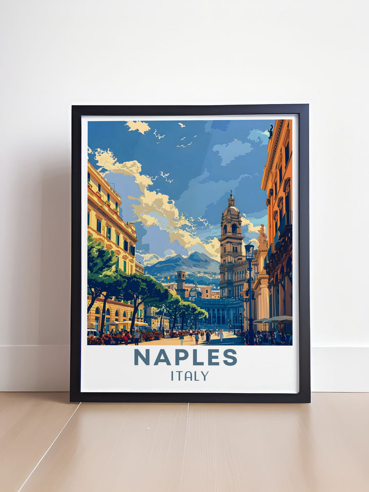 NAPLES Travel Poster featuring the iconic skyline of Naples Italy with Piazza del Plebiscito. A wonderful addition to any wall art collection. Perfect for those who appreciate Italys historic landmarks and scenic beauty.