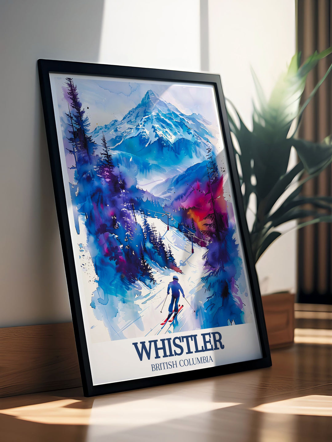 Whistler poster showcasing the world class skiing destination nestled in the Coast Mountains designed to inspire and captivate bringing the beauty of the outdoors indoors