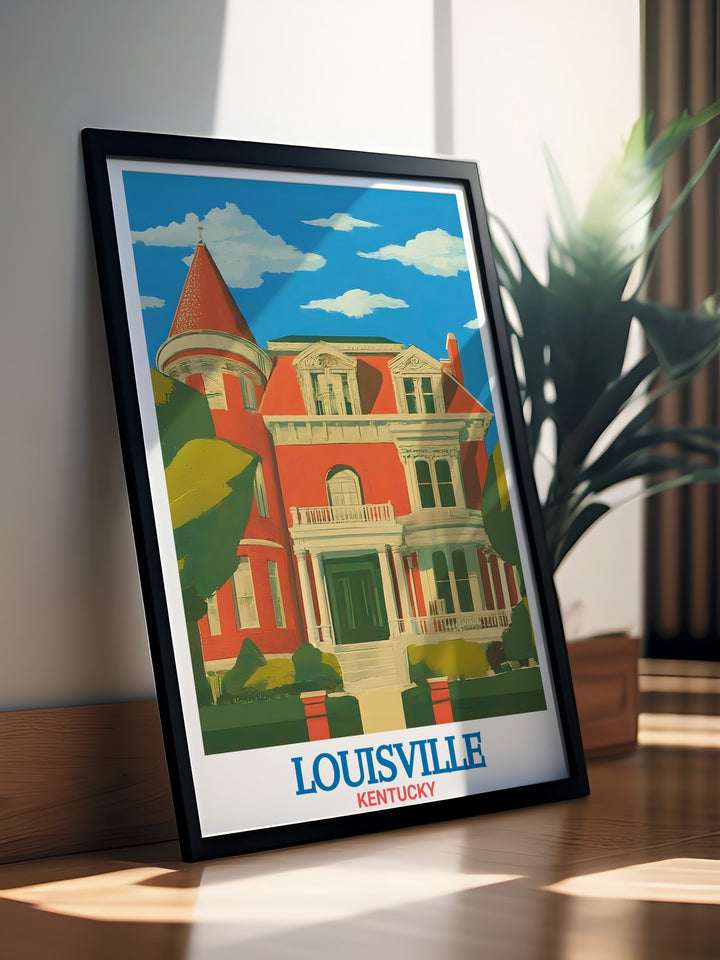 A vintage poster featuring Old Louisvilles architecture, blended with a Kentucky color palette to evoke a sense of nostalgia. Perfect for Kentucky enthusiasts or anyone who appreciates the charm of Louisvilles historic district.