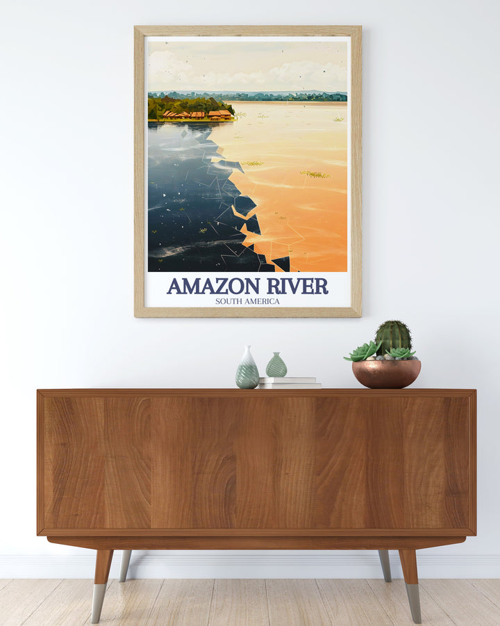 Add a touch of Brazilian natural beauty to your space with the Encontro das Aguas, Rio Negro and Solimoes rivers print. This modern art poster captures the striking contrast between the dark and sandy waters, making it an eye catching focal point in any room.