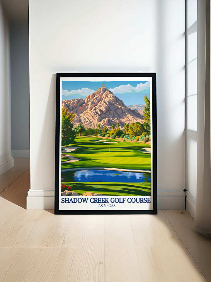 A stunning print of Shadow Creek Golf Course, bringing the contrast of its manicured greens and the expansive Nevada desert into focus. This artwork makes for a perfect gift or wall decor, blending luxury golf and the rugged charm of Clark County.