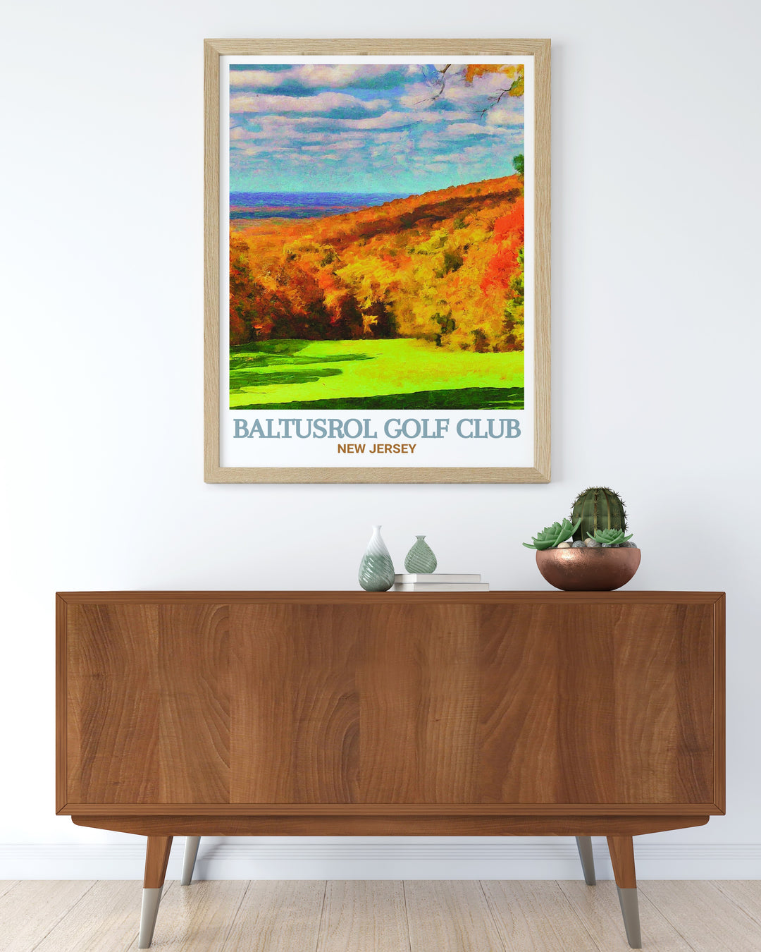 Baltusrol Club Canvas Art displaying the pristine fairways of Baltusrol Golf Club alongside the natural beauty of South Mountain Reservation. This travel poster brings the essence of New Jerseys finest golf course and nature reserve into your living space, offering a timeless tribute to these iconic locations.