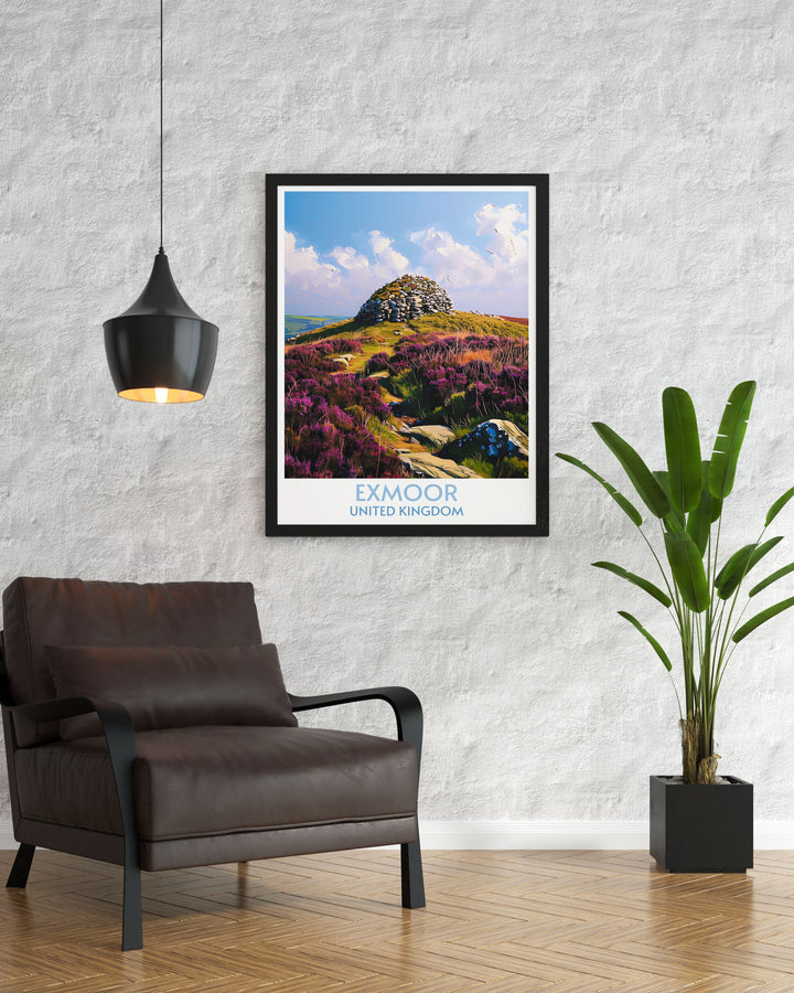 Dunkery Beacon and Exmoor National Park wall art perfect for adding a touch of vintage charm to your living space this poster print celebrates the rugged landscapes of Somerset and Devon making it an ideal gift for anyone who loves nature and retro travel art.