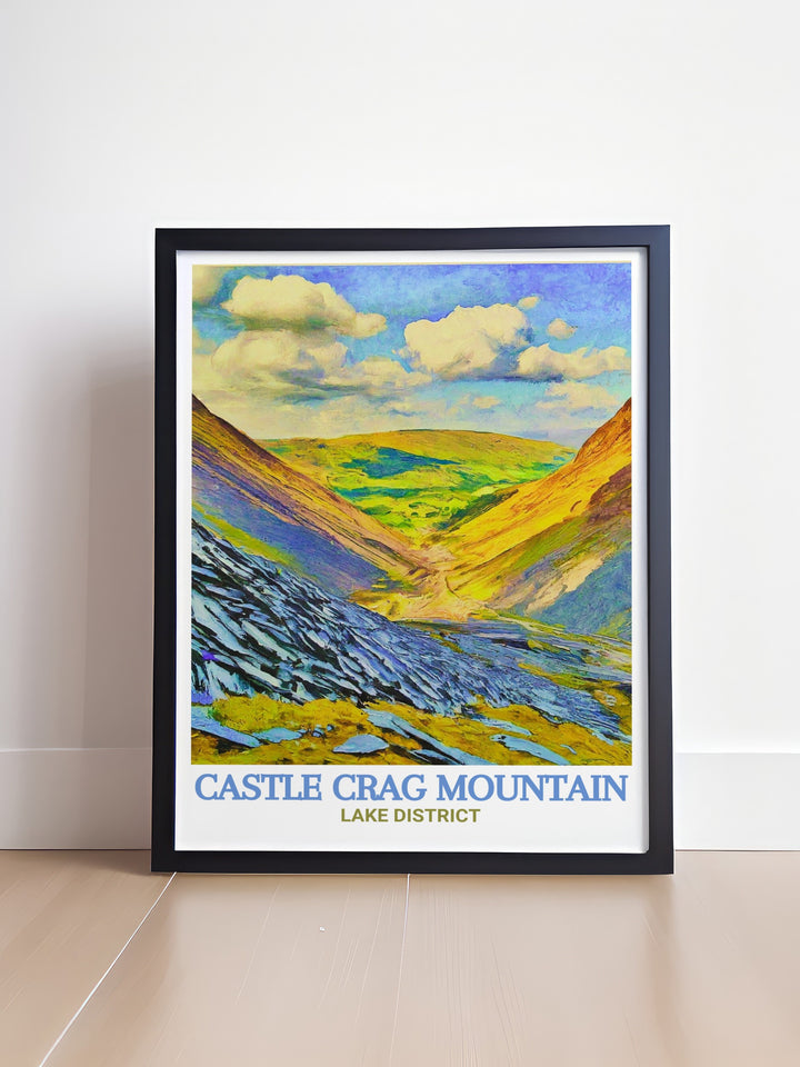 Castle Crag Mountain framed art offers a serene view of Cumbrias fells and the enduring presence of Honister Slate Mine, a must have for lovers of the Lake District.