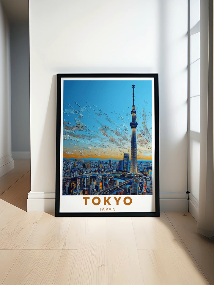 Featuring the iconic Tokyo Skytree and the snow capped Mount Fuji, this travel poster encapsulates the charm of Japans cityscapes and natural landscapes. This framed print is ideal for anyone who appreciates the beauty of Tokyos skyline and the peaceful presence of Mount Fuji.