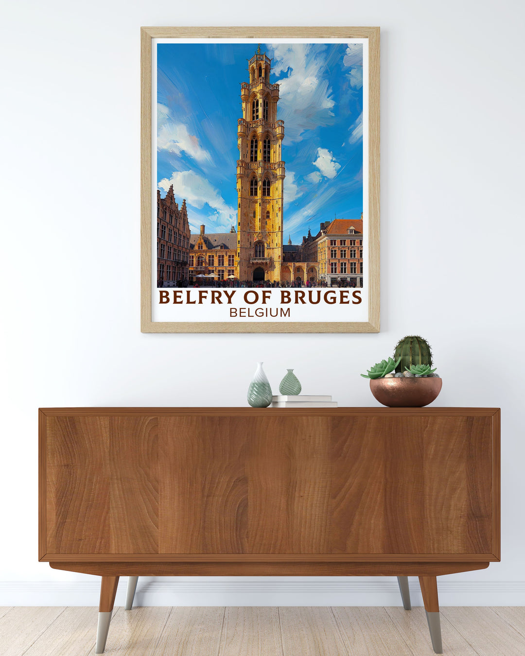 Captivating Belgium travel print depicting the Belfry of Bruges. This artwork brings the essence of Bruges to life with its detailed depiction of the citys iconic tower and historic charm, perfect for home decor or a thoughtful gift.