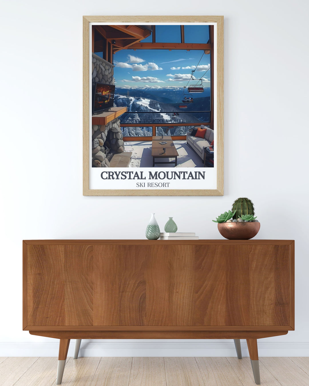 Framed art illustrating the majestic landscapes of Crystal Mountain and the Cascade Range, ideal for enhancing any room with natural beauty.