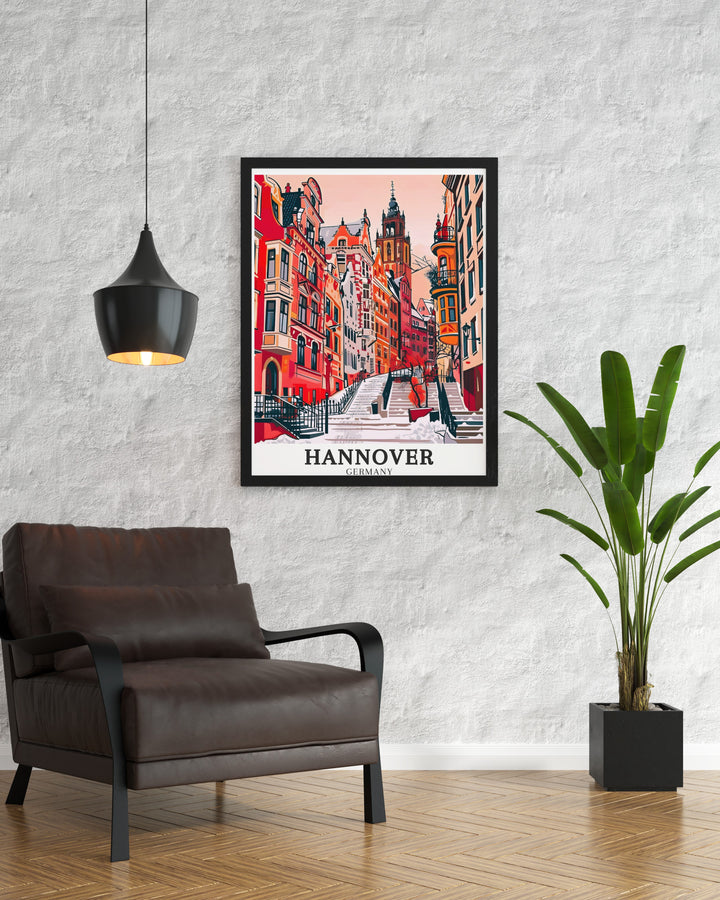 High quality canvas art depicting Hannovers Old Town capturing the warmth and charm of its half timbered houses and historic landmarks making it an excellent addition to any space that values European architecture and cultural heritage