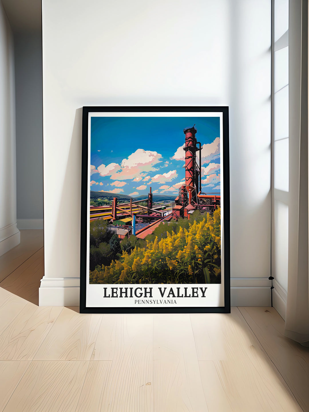 Bethlehem Steel framed art, featuring the iconic structures that define this historic Pennsylvania landmark. This canvas art is perfect for anyone looking to incorporate industrial aesthetics into their decor or as a unique gift for lovers of American history and architecture.